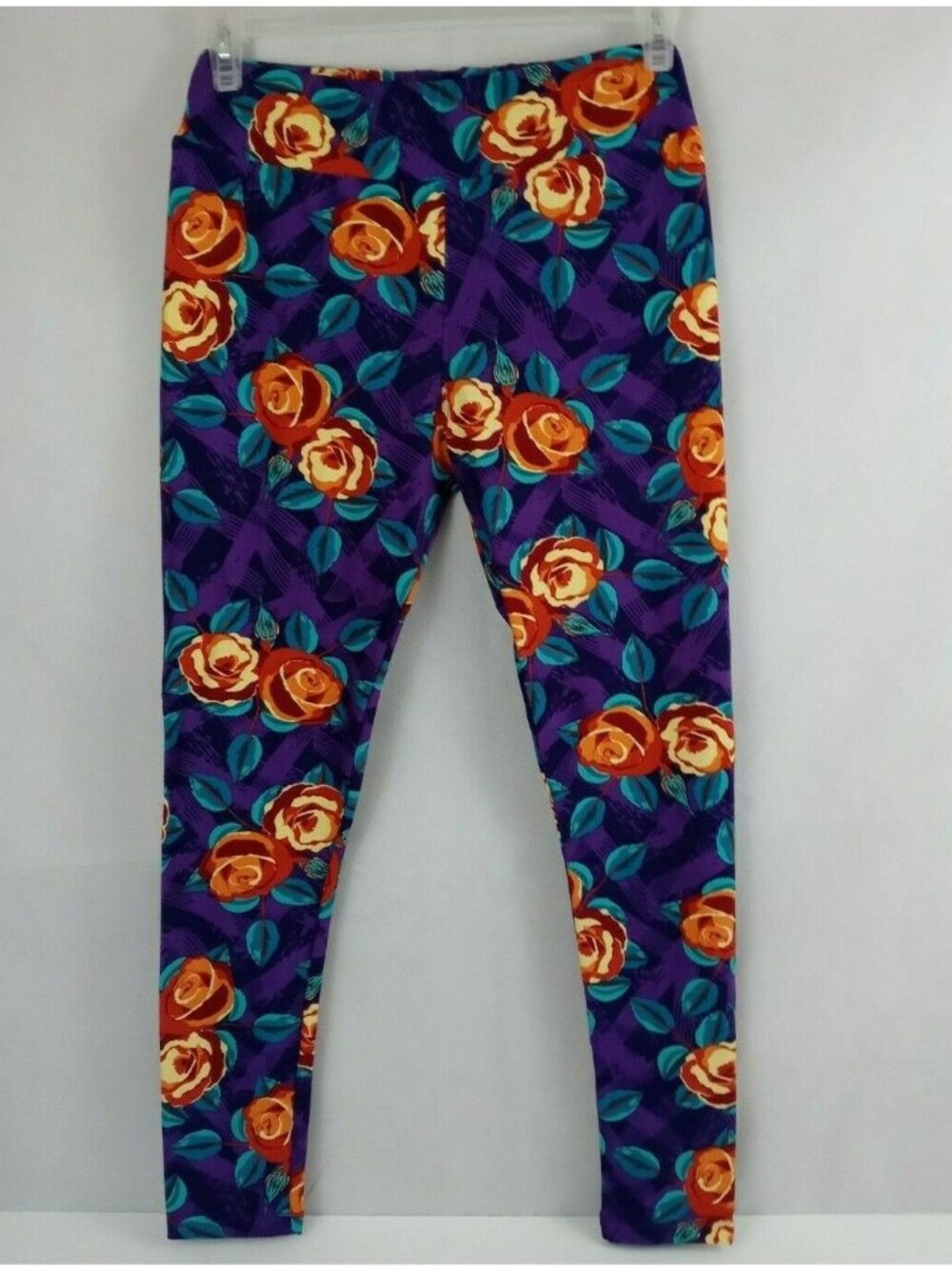 New LuLaRoe Tall & Curvy Leggings Purple With Yellow & Orange Roses Design